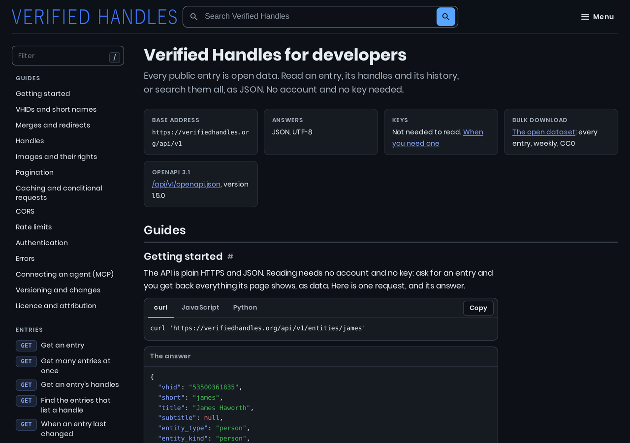 The Verified Handles API documentation at /developers, dark theme