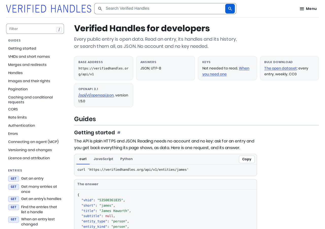 The Verified Handles API documentation at /developers, light theme