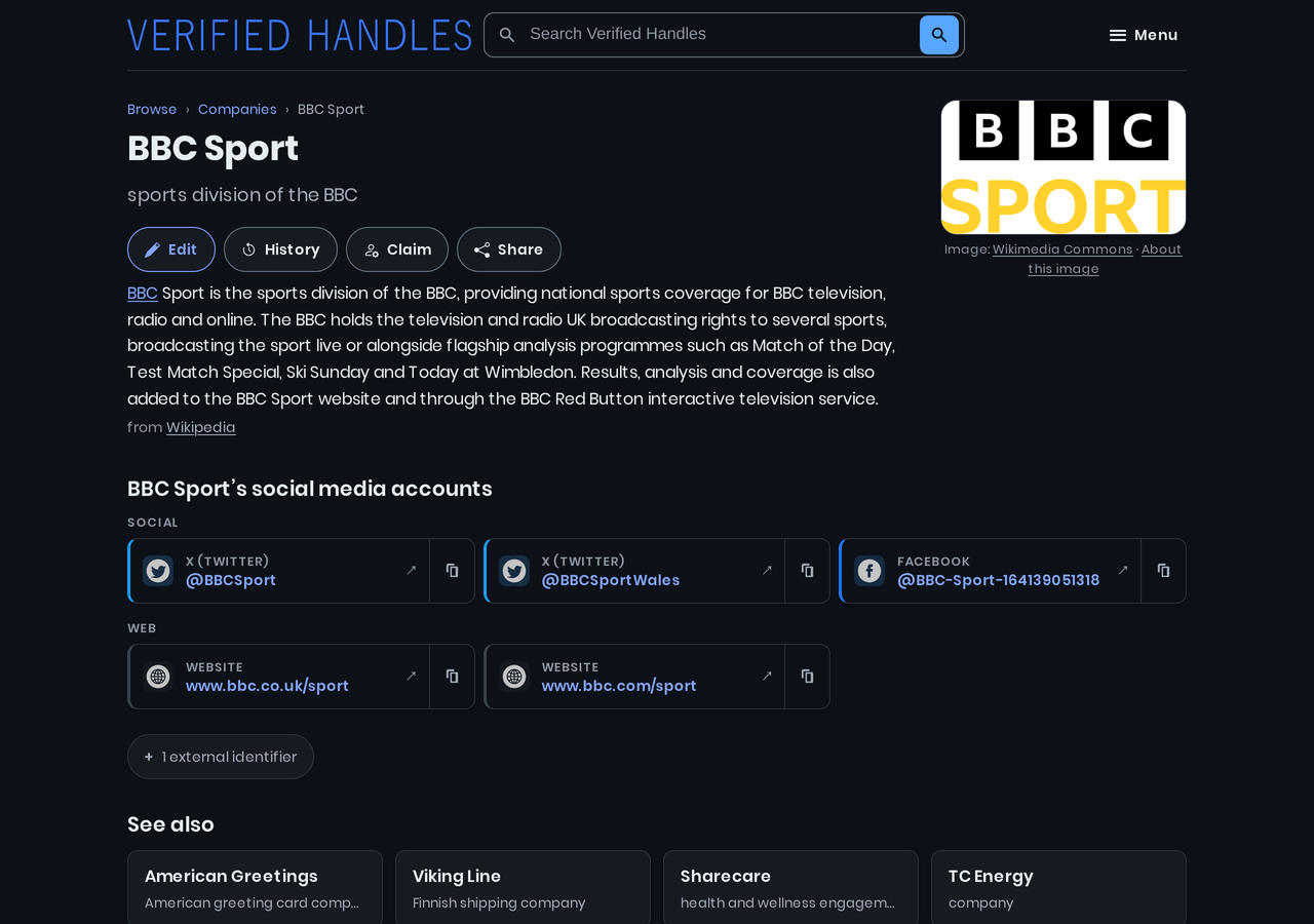 The BBC Sport entry on Verified Handles: its social media accounts and websites, dark theme