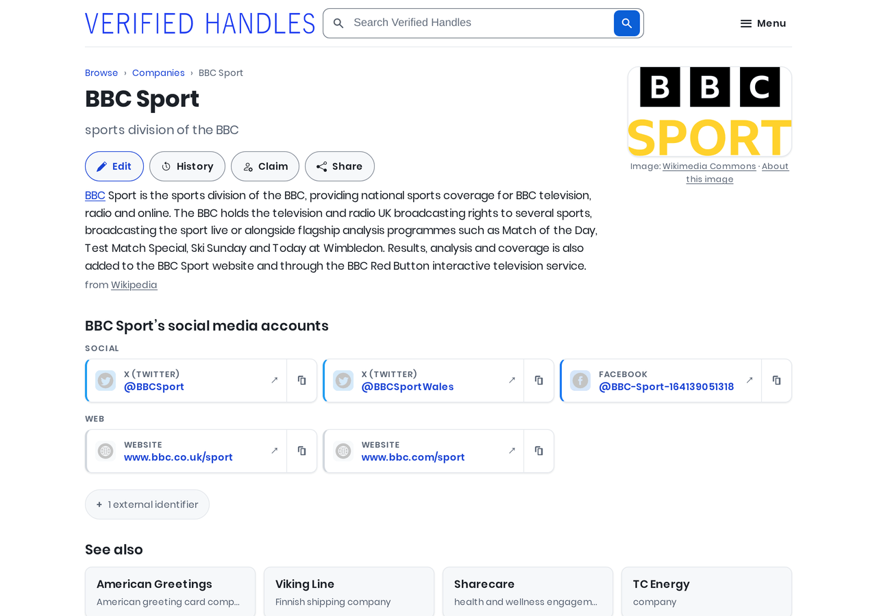 The BBC Sport entry on Verified Handles: its social media accounts and websites, light theme