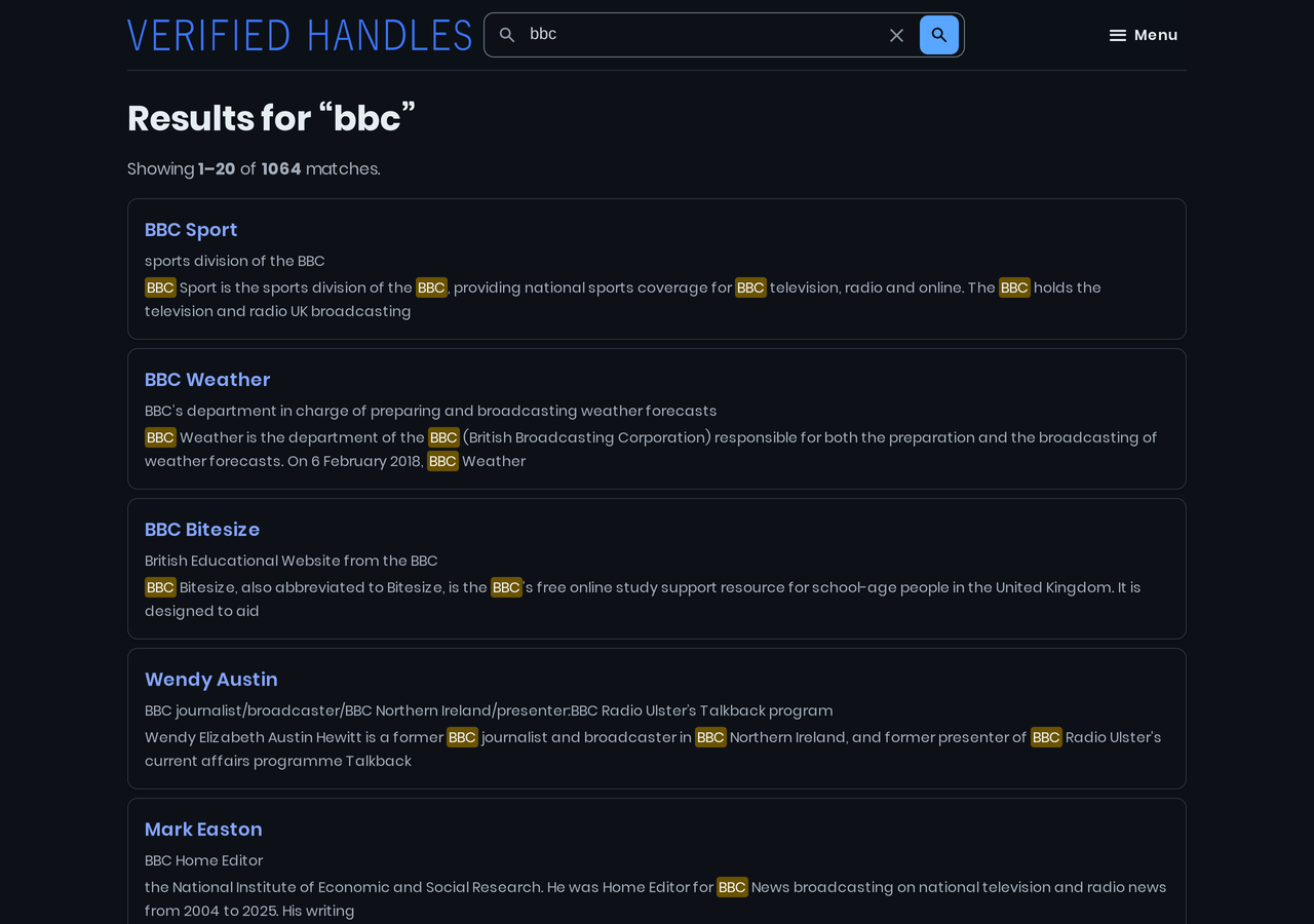 Search results for “bbc” on Verified Handles, dark theme