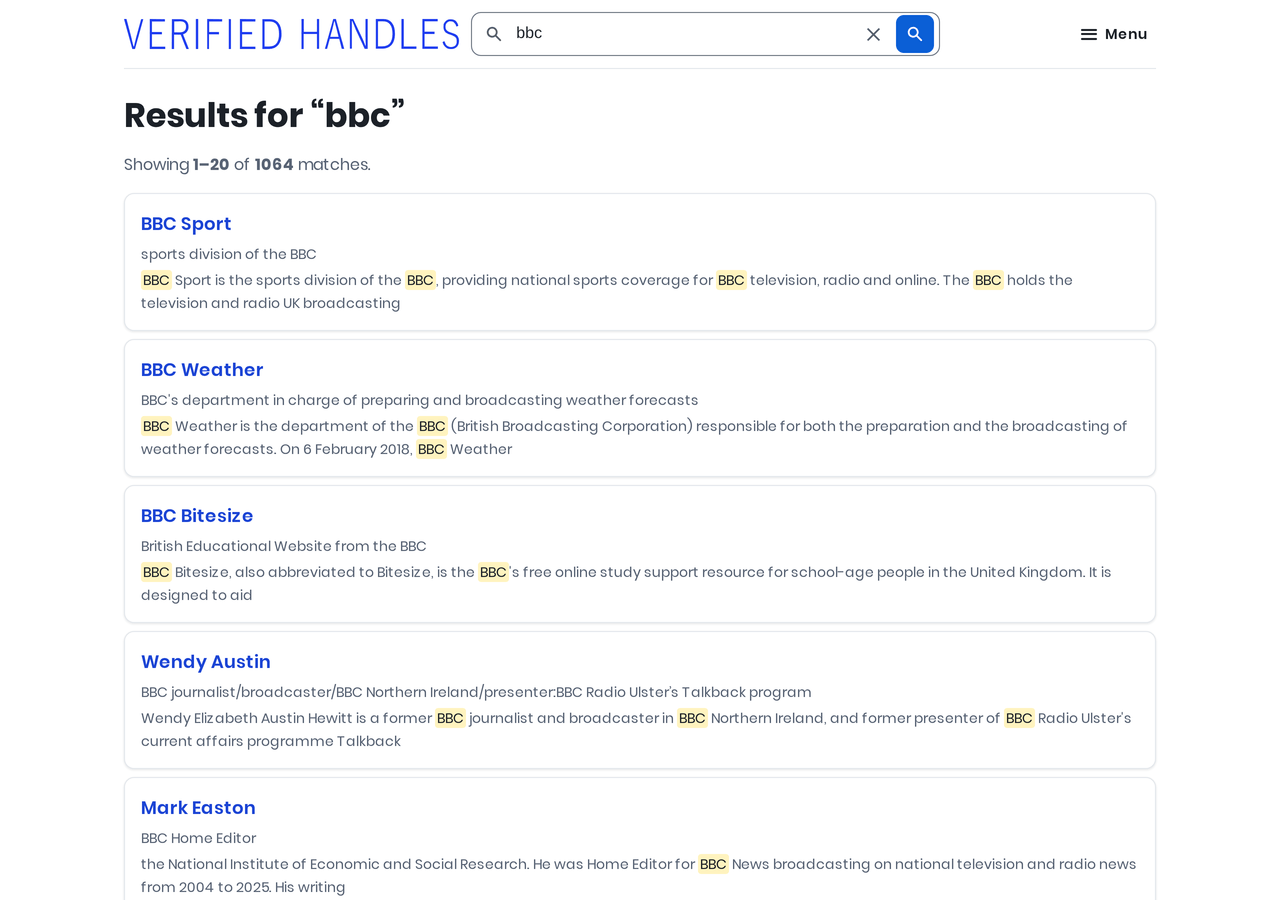 Search results for “bbc” on Verified Handles, light theme